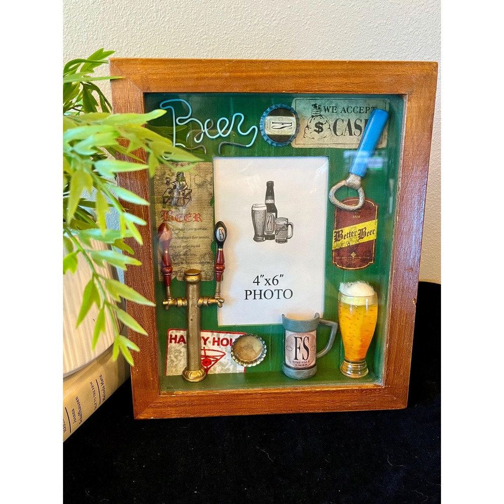 Vintage 2005 Beer Shadow Box Frame: 4x6 Photo Holder, Man Cave Decor